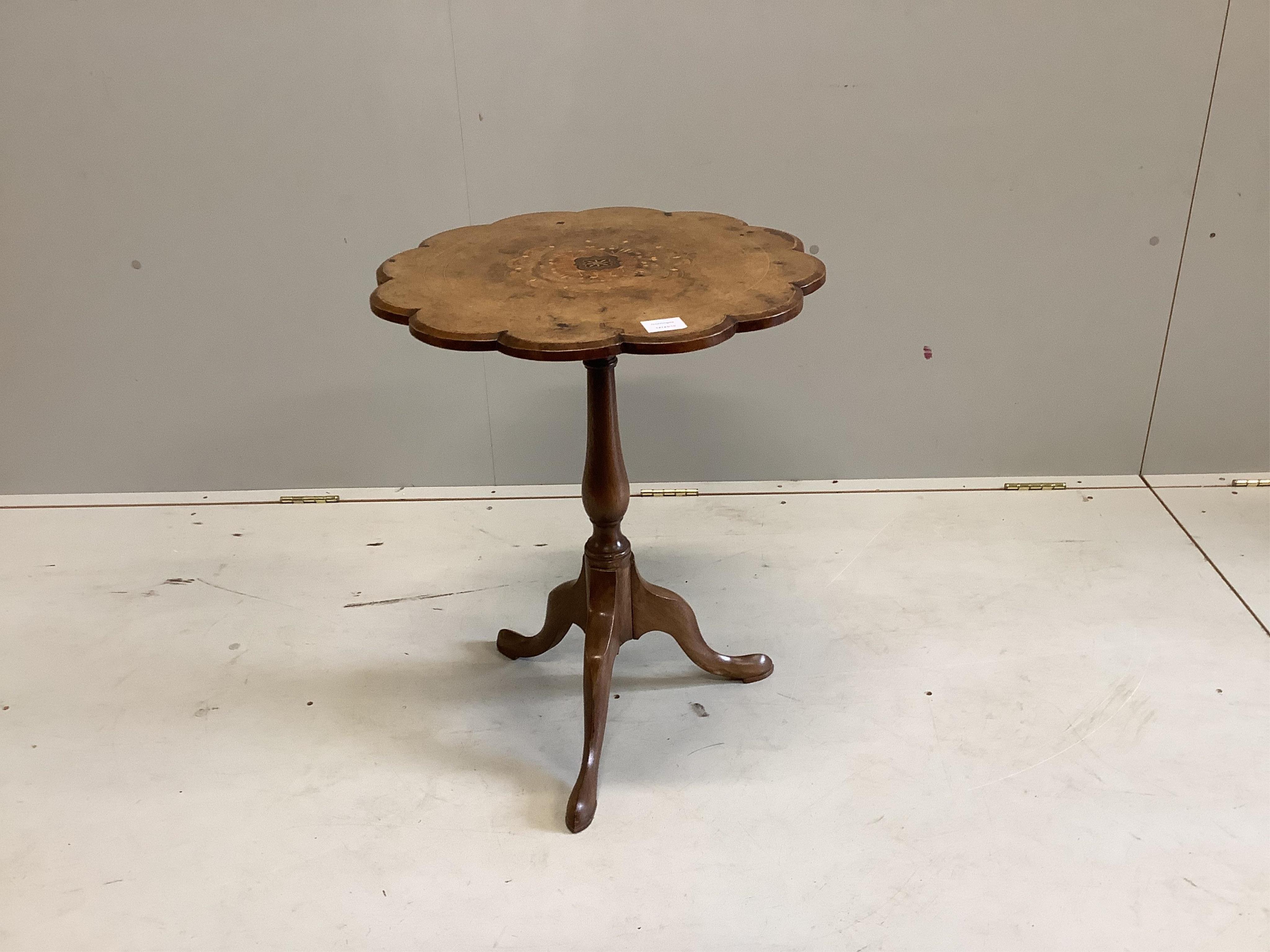 A Victorian and later circular inlaid walnut tripod wine table, diameter 53cm, height 64cm. Condition - fair
